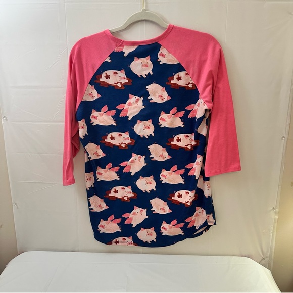 Flying‎ Pigs Raglan Shirt Pink Sleeve Novelty Print Whimsical Top - Picture 3 of 6